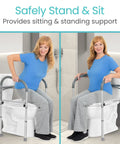 Heavy Duty Folding Toilet Safety Rail Rust Proof Bathroom Assist Bar For Seniors And Weak Knees Fsa Hsa Approved showing sitting support.
