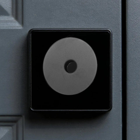 Heavy Duty Stainless Steel Decorative Deadbolt Cover Plate For Entry Doors With Slick Black Round Filler covering extra keyhole gap.