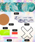 Image showing Diamond Art Coaster Set With Holder For DIY Craft Lovers, 8 Teal Marble Coasters With Cork Pads and Diamond Dot Supplies.