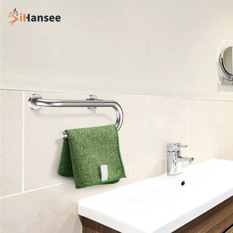 Built Tough 16 Inch Toilet Grab Bar Featuring Hefty Knurled Grip And Convenient Towel Hook for Senior Bathroom Safety and Dependable Standing Support Rust Resistant Stainless Steel Handrail with green towel