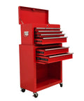 Hella Smooth Rolling 8 Drawer Tool Chest With Detachable Master Top Box And Cushioned Liners For Serious Gear Head Crew And Pro Mechanics Who Want Durable Shop Storage In Red, showcasing eight drawers and a top storage section.