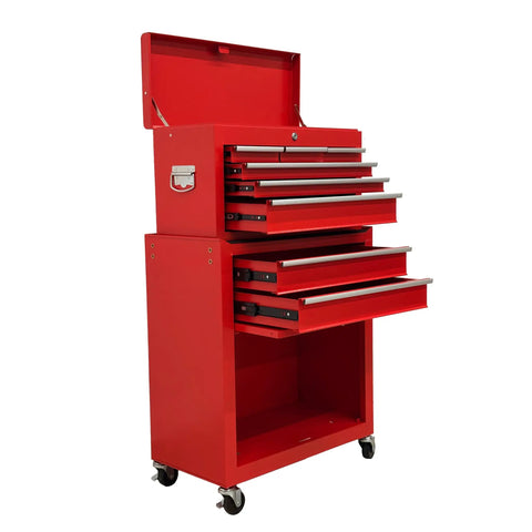 Hella Smooth Rolling 8 Drawer Tool Chest With Detachable Master Top Box And Cushioned Liners For Serious Gear Head Crew And Pro Mechanics Who Want Durable Shop Storage In Red, showcasing eight drawers and a top storage section.