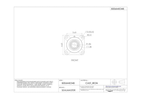 Industrial Four Bolt Ball Bearing Flange Mount Unit With One Three Eighth Inch Bore Cast Iron Housing And Felt Seals front view with dimensions.