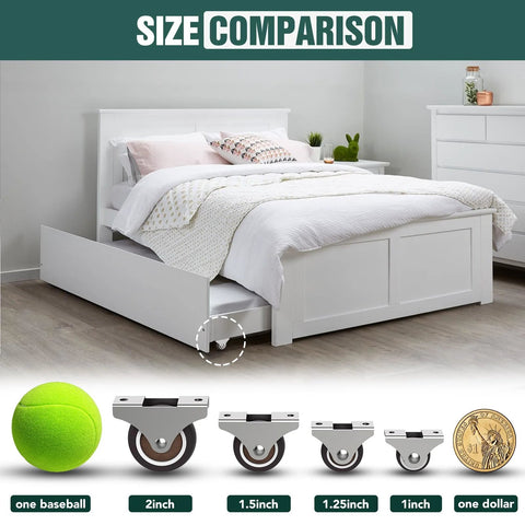 Size comparison of 2 Inch Rubber Caster Wheels Set Low Profile Fixed and Quiet Rolling Casters for Furniture Drawers Storage Bins shown with a bed, table, and reference items like a baseball and a dollar