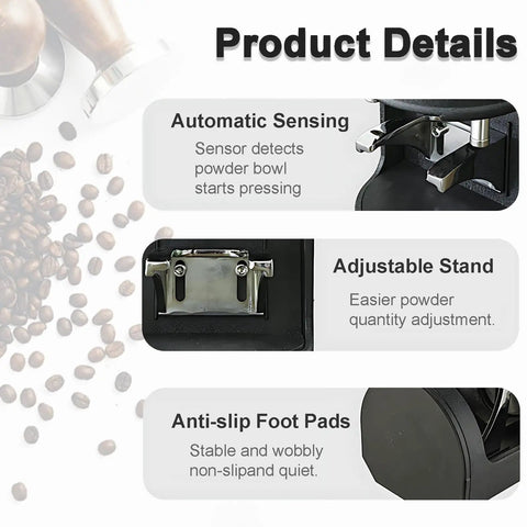 Automatic 58mm Portafilter Coffee Tamper With Touchscreen Settings And 5 To 30kg Weight, showcasing automatic sensing and adjustable stand.