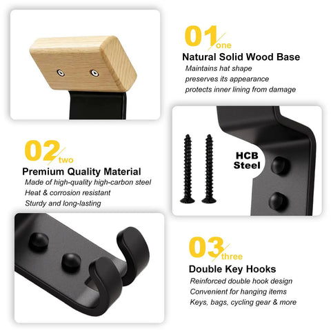 Heavy Duty Motorcycle Helmet Holder Wall Mount Solid Wood Steel Frame Two Key Hooks For Garage Rig Stash And Sports Gear Display In Tight Yellow. Close-up of solid wood hook and steel frame.