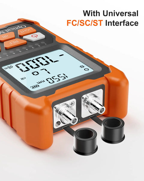 Close-up of Straight Up Reliable Rechargeable Optical Power Meter And Visual Fault Locator Kit ports with FC/SC/ST adapters.