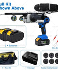 Heavy Hitter Cordless Cable Tugger And Wire Puller With Brushless Motor And Dual 21 V Batteries Cranking Out 300 Lbs Of Pulling Force For Tricky Wire Chases complete kit including tool, batteries, charger, and accessories.