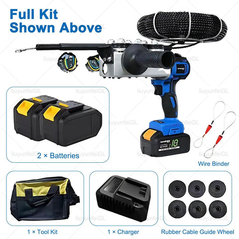 Pro Rig 21V Brushless Electric Cable Puller Six Wheel Drive Automatic Wire Stringer Beast Mode Torque Stress Free Setup Dual Batteries Includes Fish Tape Rod full kit with tool kit, batteries, charger, wire binder and rubber guide wheels.