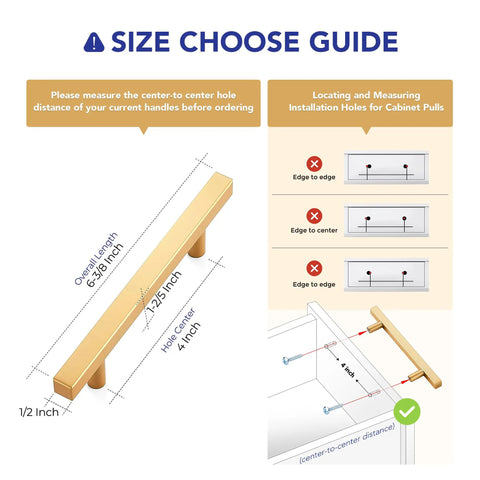 Rock Solid Champagne Gold Square Cabinet Handles 30 Pack Heavy Duty Kitchen Drawer Pulls with measurement guide for installation.