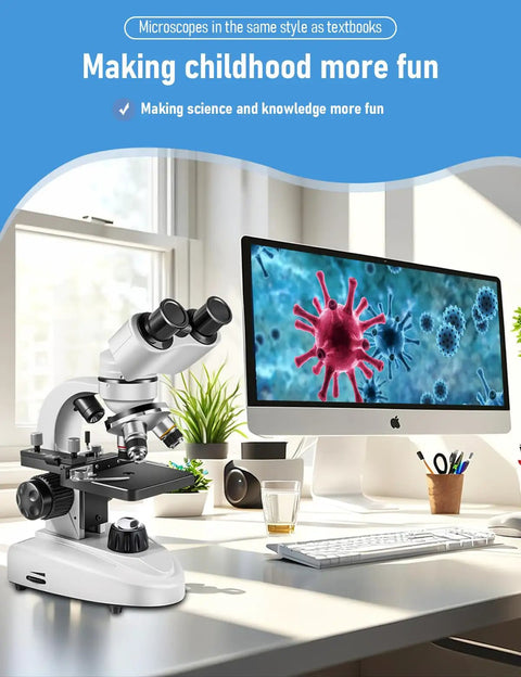 Binocular Compound Microscope 40X-2000X With Dual Mechanical Stages next to a computer, showcasing digital imaging capabilities.