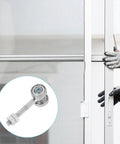 Straight Up Heavy Duty Steel Sliding Door Rollers With Double Bearing Construction For Butter Smooth Gliding On Interior And Exterior Doors Rated At Fifty Pounds Galvanized Build Shuts Down Rust installed on a door.