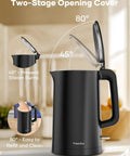 Double Wall 1.7L Electric Kettle With Cool Touch Exterior No Burn Hands Safety Rapid 1500W Boil Stainless Steel Water Boiler And Heater Cordless Base BPA Free Black with open lid in 45 and 80-degree position, showing steam prevention and ease of use.