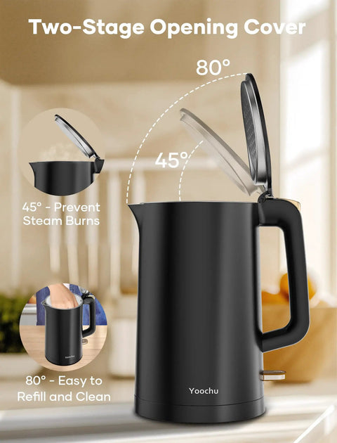 Double Wall 1.7L Electric Kettle With Cool Touch Exterior No Burn Hands Safety Rapid 1500W Boil Stainless Steel Water Boiler And Heater Cordless Base BPA Free Black with open lid in 45 and 80-degree position, showing steam prevention and ease of use.