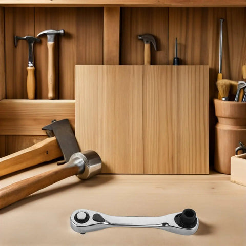 Real Deal Mini Double Ended Socket Ratchet Wrench With A Sweet Quick Direction Flip For Cranking Hex Fasteners In Those Awkward Tight Squeezes Around The Garage Shed on a workshop table.
