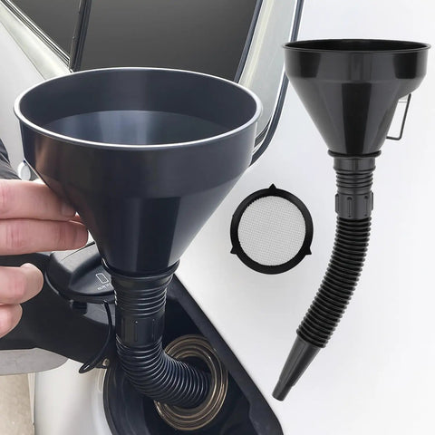 Five Piece Auto Oil Funnel Set with Flexible Neck and Filter Screen for gas oil coolant and engine oil shown in black
