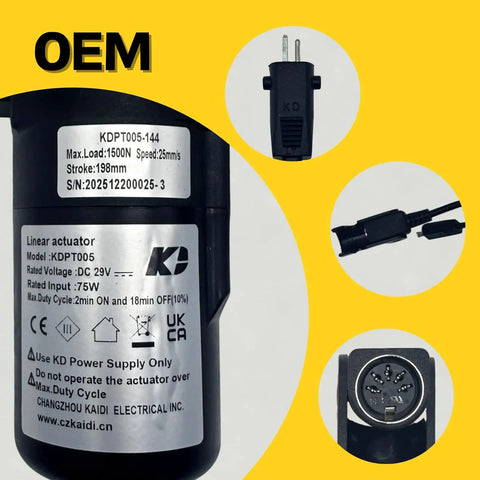 Straight Up No Nonsense Replacement Linear Actuator For Power Recliner And Lift Chair Motor KDPT005-144 showing connector and specifications.