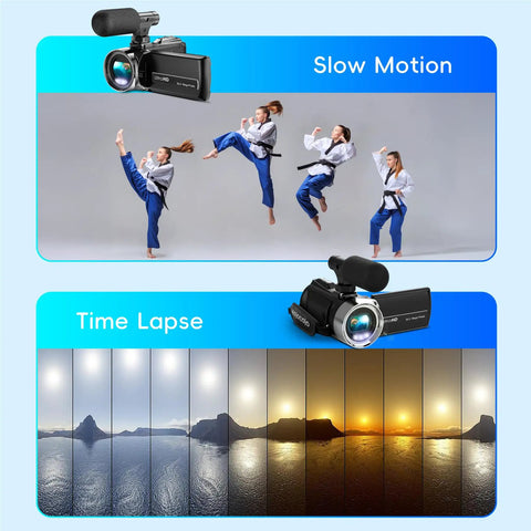 4K Video Camcorder For YouTube Vlogging, 36MP Photos, 18x Digital Zoom, slow motion and time lapse features displayed