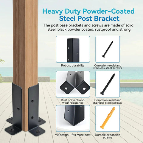 Adjustable Deck Post Anchor Base Brackets for 1.5x1.5 to 4x4 wood posts, powder-coated for durability, shown with screws.
