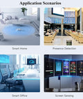 Application scenarios for 24GHz FMCW MmWave Radar Sensor For Real Time Human Motion Detection And Micro Movement Tracking, including smart home and office setups.