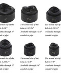Six dies for Pro Grade Hydraulic Knockout Punch Driver Kit with size specifications and conduit compatibility, front view