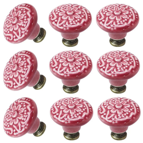 Premium Rose Red Ceramic Cabinet Knobs Set Of Eight Drawer Handles Featuring Rock Solid Zinc Alloy Base And Killer Embossed Glaze Finish For Quick Vintage Home Decor Upgrades - close-up of glossy embossed knobs.