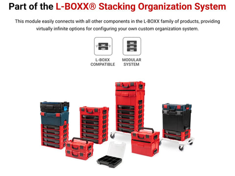 248-Piece Tool Set In A Modular Stacking Tool Cart With Six Drawers For Garage Organization, displayed with L-BOXX system.