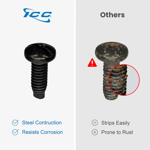 Rock Solid Boss Level Rack Mount Screws Featuring 12 24 Threads For Standard 19 Inch Eia Server Cabs And Patch Shelves In Sleek Black close-up view comparing corrosion resistance with competitors.