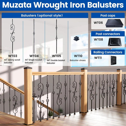 Muzata wrought iron balusters with optional styles, including scroll, basket, and shoes, installed on a wooden indoor railing.