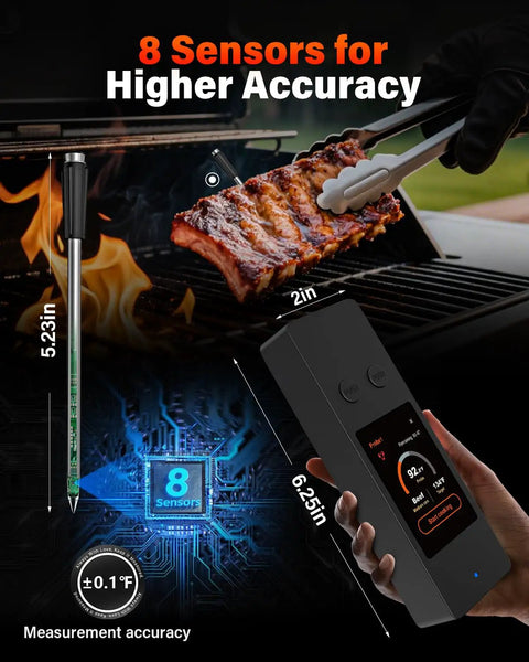 8 Sensor Smart Wireless Meat Thermometer With Built In Touchscreen Base No Phone Needed Dual Probes, showing ribs on grill