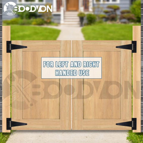 Wooden double gate with 4 Inch T Strap Gate Hinges Heavy Duty Black Iron Tee Hinges Made From Solid Iron With Glossy Powder Coating.