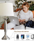 Three Way Dimmable Touch USB Table Lamps Set Of 2, 28 Inch Modern Industrial Metal Bedside Lamps with Linen Shades, Silver Finish