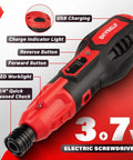 Top Rated Cordless Electric Screwdriver Kit With 28 Handy Bits And Magnetic Holder USB Powered For Quick Home Fixes And DIY Tasks Stored In A Slick Compact Case showing USB charging and tool functions.