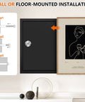Rugged Steel Fireproof Safe Box With Secure Key Lock And Generous Shelf Space for installation steps next to artwork.