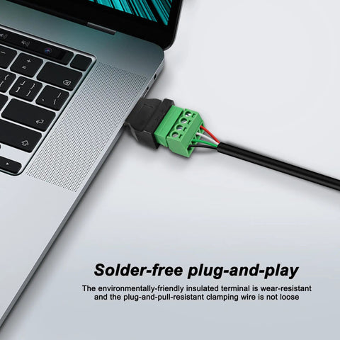 Slick USB To Four Pin Screw Terminal Block Adapter For Quick Cable Extensions And No Sweat Project Hookups plugged into a laptop.