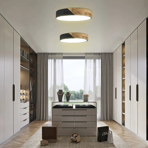 Round Wood Grain Black Flush Mount Ceiling Light 12 Inch 24W LED Fixture in modern minimalist bedroom