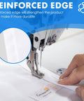 Close-up of sewing machine reinforcing edge of 15 Ft Triangle Sun Shade Sail Canopy Waterproof UV Blocking Outdoor Cover For Patio.