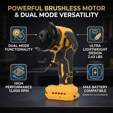 Handheld Brushless 3 Inch Cordless Mini Circular Saw And Angle Grinder With Slick Dual Mode Swap And Adjustable Depth displaying features.