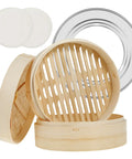 Two Tier Bamboo Food Steamer Basket For Dumplings And Fresh Seafood With No Sweat Cleanup Real Deal Steam Cookware showing stacked bamboo baskets and steel support ring.