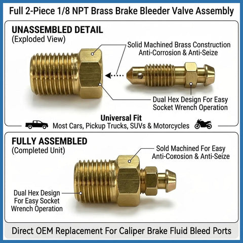 Full 2-Piece 1/8 NPT Brass Brake Bleeder Valve Assembly, solid brass construction for universal fit in most vehicles.