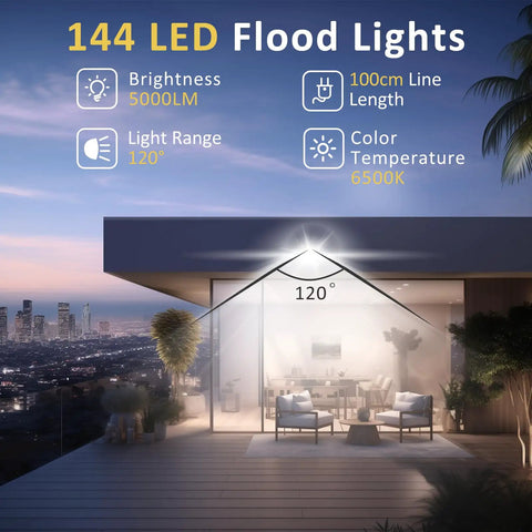 Super Rugged 100W Led Flood Lights Outdoor With Plug, 10000 Lm Ultra Bright Daylight White Work Lamp, Ip66 All Weather Resistant For Patios And Construction Sites, Plug And Play 2 Pack, Built Like A Tank illuminating outdoor patio with modern decor.