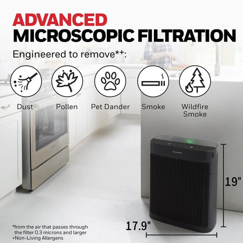 Advanced HEPA Air Purifier For Large Rooms Up To 1700 Square Feet Filters Dust And Pet Hair Straight Up Blasts Away Smoke And Stale Odors Real Deal Freshness For Your Home In Matte Black next to kitchen appliances.
