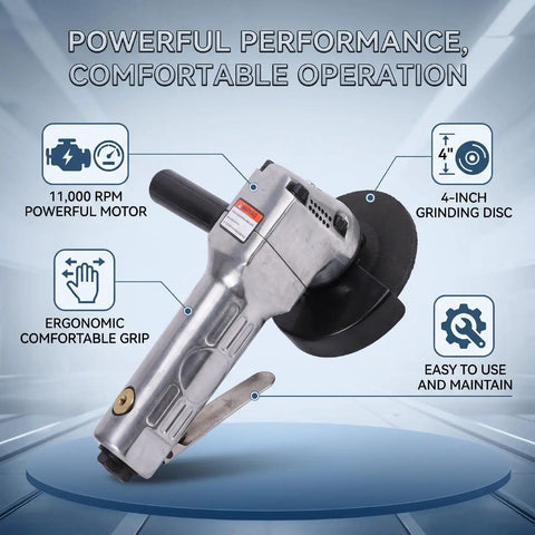 Heavy Duty Pneumatic Angle Grinder Four Inch Generating Kickass Eleven Thousand Rpm Torque For Seamless Metal Cutting Grinding And Polishing Across Tough Workshop Jobs with 4-inch grinding disc.