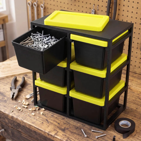 6 Piece Stackable Mini Storage Bins With Bright Yellow Lids And Sturdy Black Rack Compact Plastic Containers organized with screws visible.
