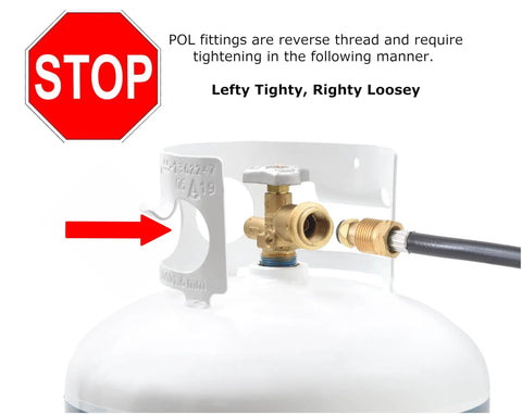 Close-up of propane tank connection with stop sign, demonstrating correct POL fittings tightening for Big 60,000 BTU Portable Propane Heater.