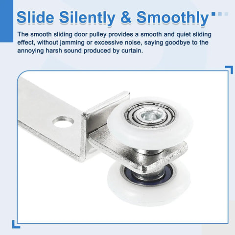 Heavy Duty 4 Pack Curtain Hanging Wheels For Slick Rolling On Silky Smooth Window Track Rollers And Effortless Glide Pulleys Premium Silver Drape Trolleys close-up of smooth pulley mechanism.