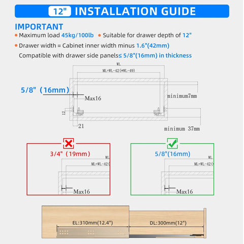 12 inch installation guide for Heavy Duty Soft Close Undermount Drawer Slides For Frameless Cabinets with size and load details.