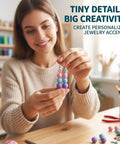 Woman creating jewelry accents using colorful beads and screw eye pins, demonstrating creativity in DIY projects.