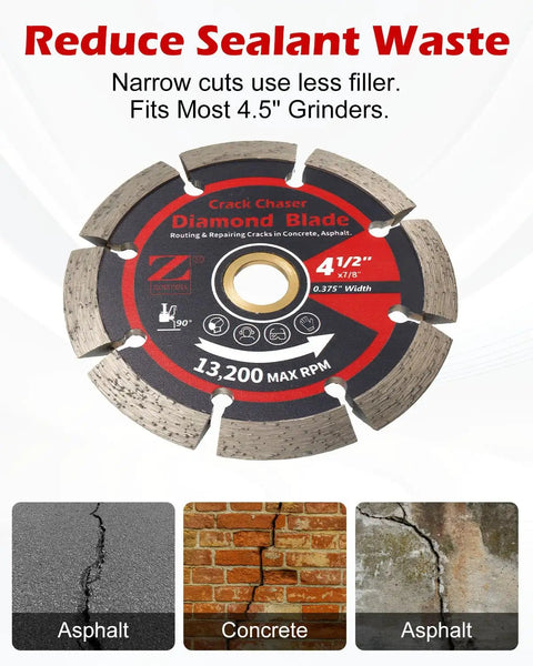 Heavy Duty Diamond Crack Chaser Blade For Concrete Repair Work Built Tough with 4.5 inch size and 7/8 inch arbor for precise cuts.