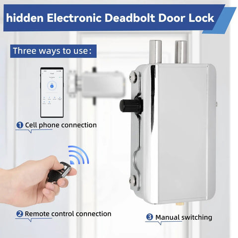 Plug And Play Smart Deadbolt Lock With Four Remote Fobs And Smartphone App For Lightning Fast Keyless Entry No Sweat Setup For Effortless Daily Home Security, showing three unlocking methods including phone app.